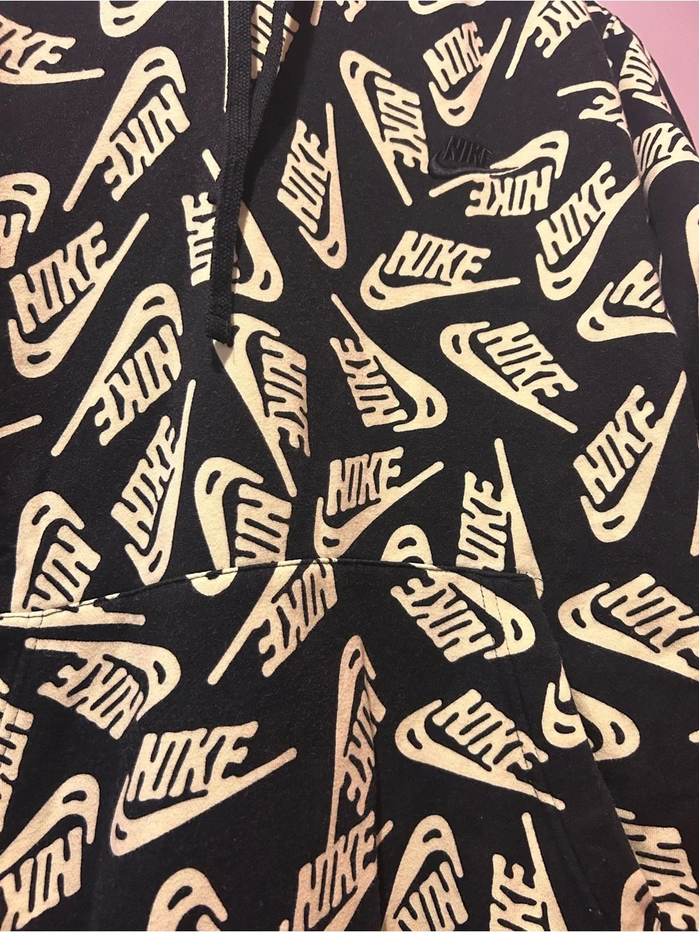 Nike Large Sportswear Men's Fleece Warm Pullover Hoodie Black Green Allover Logo